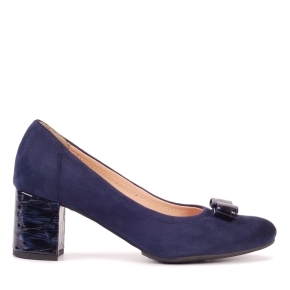 Navy blue suede pumps with a decorative bow